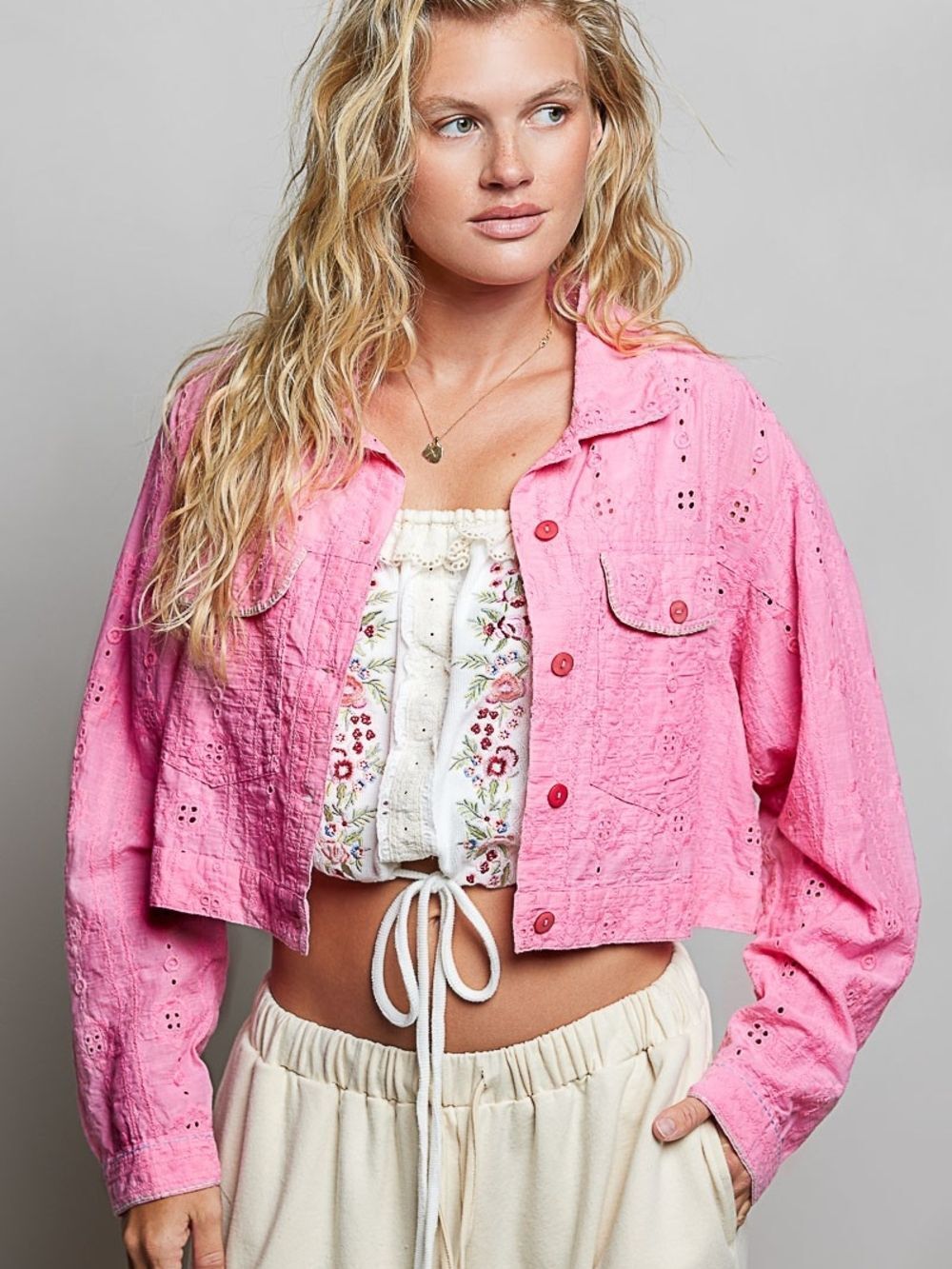POL. Cropped Pink Eyelet Button-Front Jacket - Women Sz Medium [6-8]